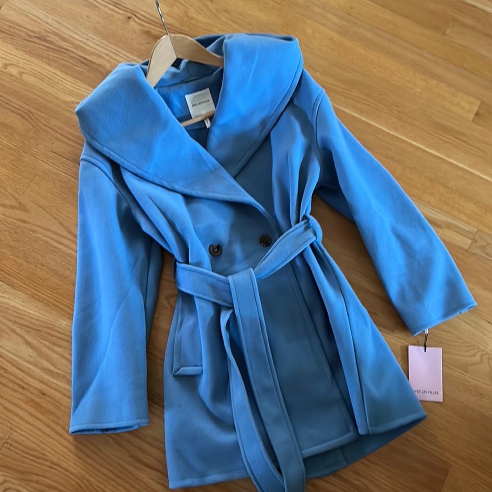 Avec Les Filles Belted Hooded Twill Wrap Coat XL royal blue NWT